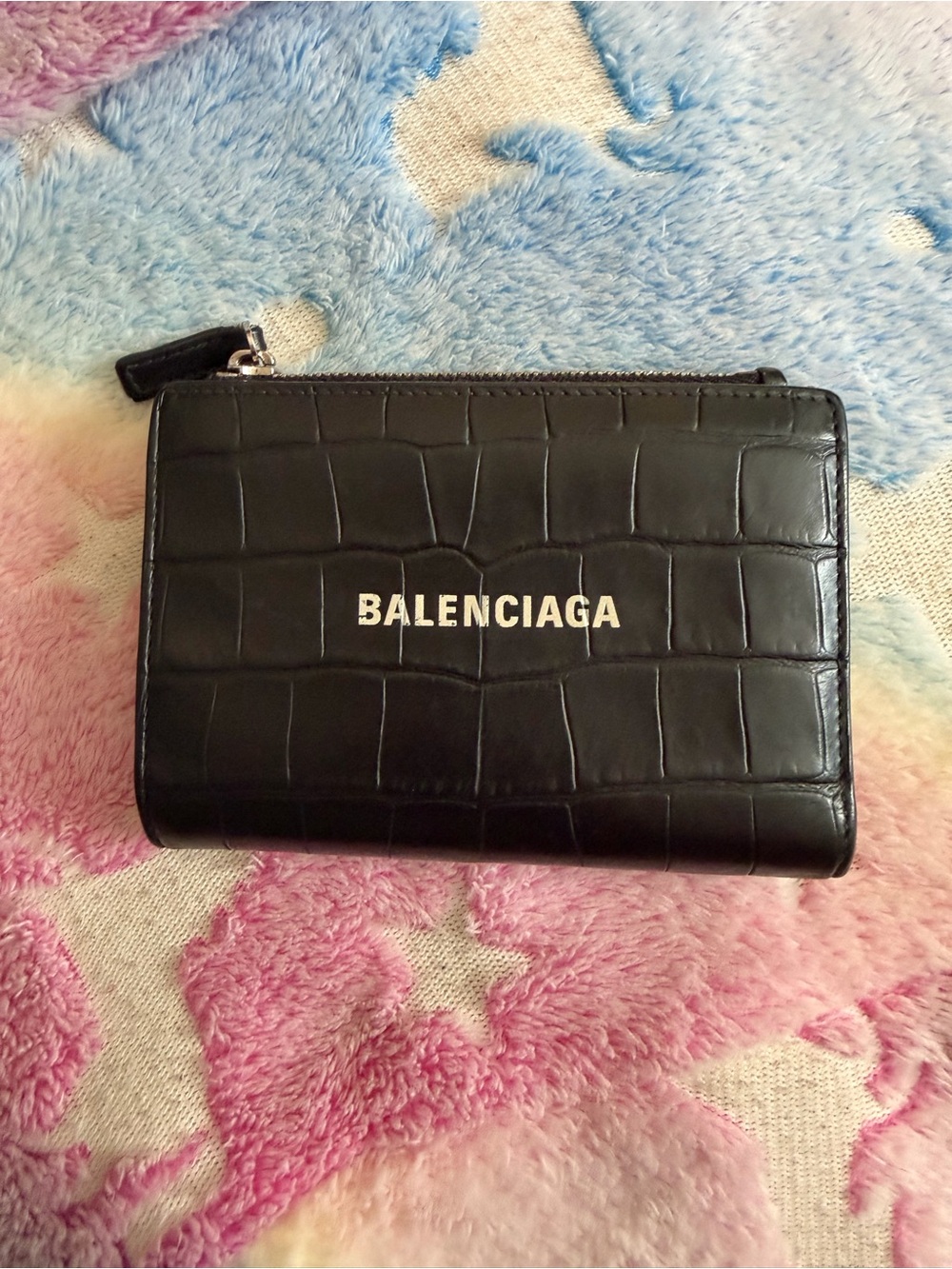 Authentic Balenciaga Black Croc-Embossed Zip Wallet Pouch